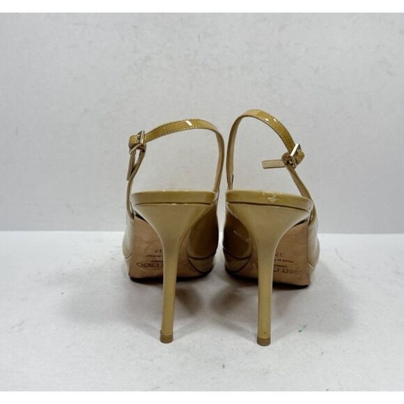 Jimmy Choo Patent Leather Tan High Heels Slingback Peep Toe Womens Size 7 / 37 - Picture 7 of 11